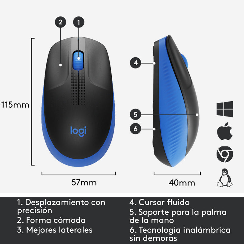 Mouse Inalámbrico Full-size Logitech M190, Negro / Azul