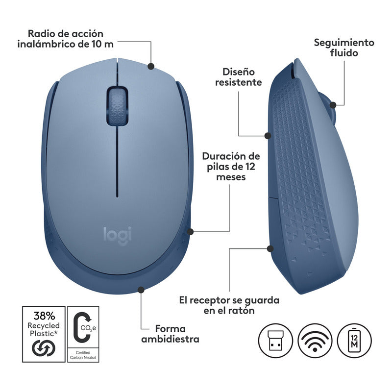 Mouse Inalámbrico Logitech M170, Cómodo Y Portátil, Gris Azul