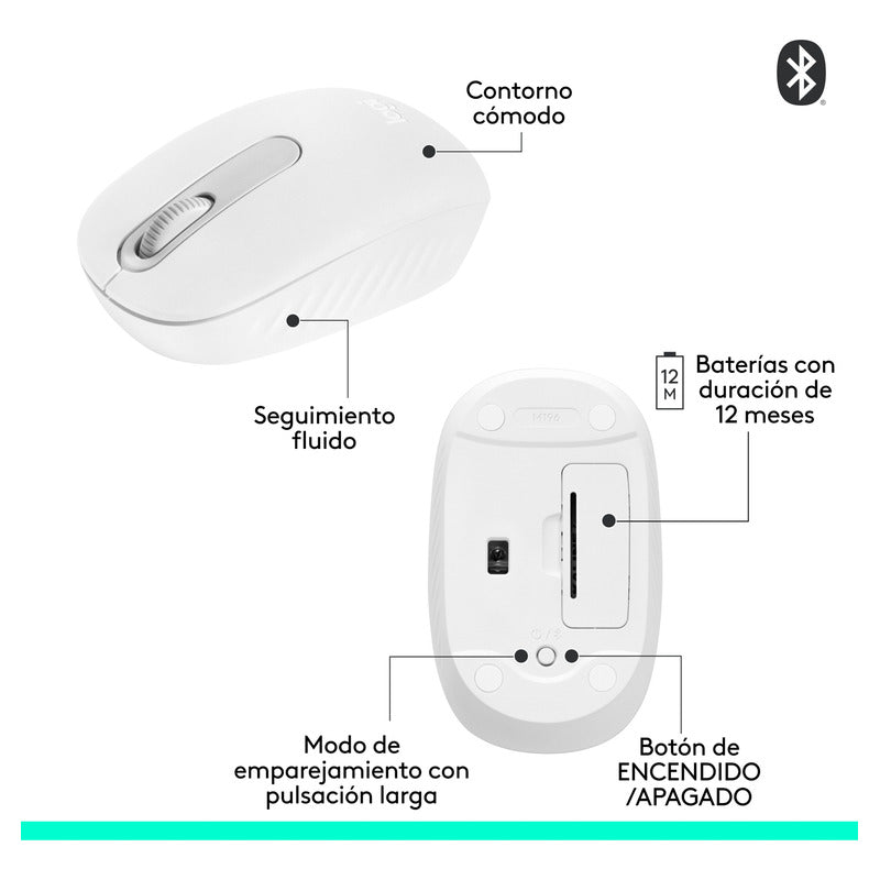 Mouse Inalámbrico Bluetooth Logitech M196, Cómodo Diseño Compacto, Blanco