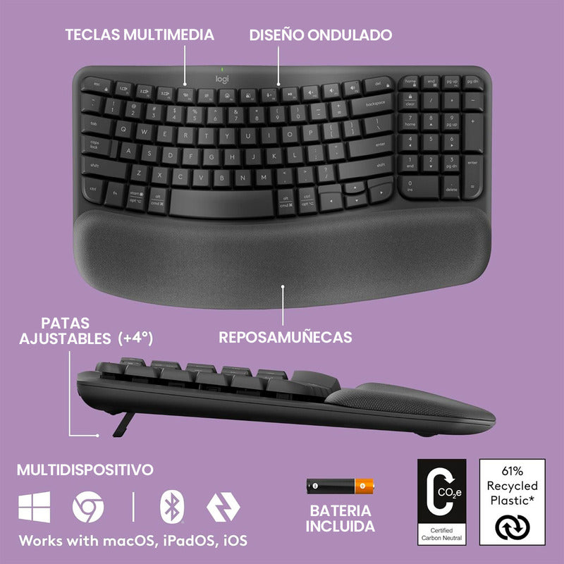 Teclado Ergonómico Inalámbrico Logitech Wave Keys, Grafito