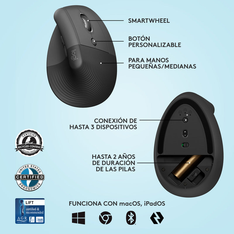 Mouse Ergonómico Logitech Lift Vertical Avanzado, Grafito