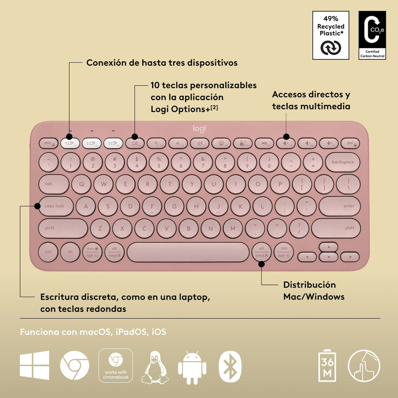 Combo Logitech Bluetooth: Teclado K380s + Mouse M196, Rosa