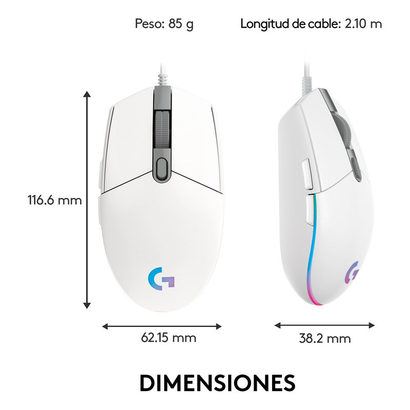 Mouse Gamer Logitech G203 RGB LIGHTSYNC, 6 Botones 8.000 DPI, Blanco