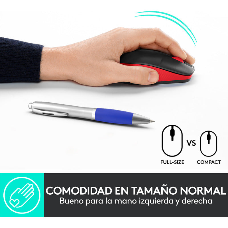 Mouse Inalámbrico Full-size Logitech M190, Negro / Rojo
