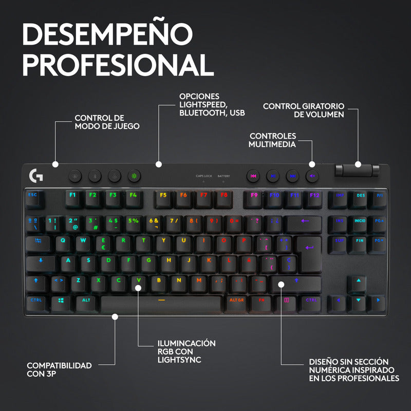 Teclado Gamer Logitech G Pro X Tkl, Lightspeed Bluetooth Rgb