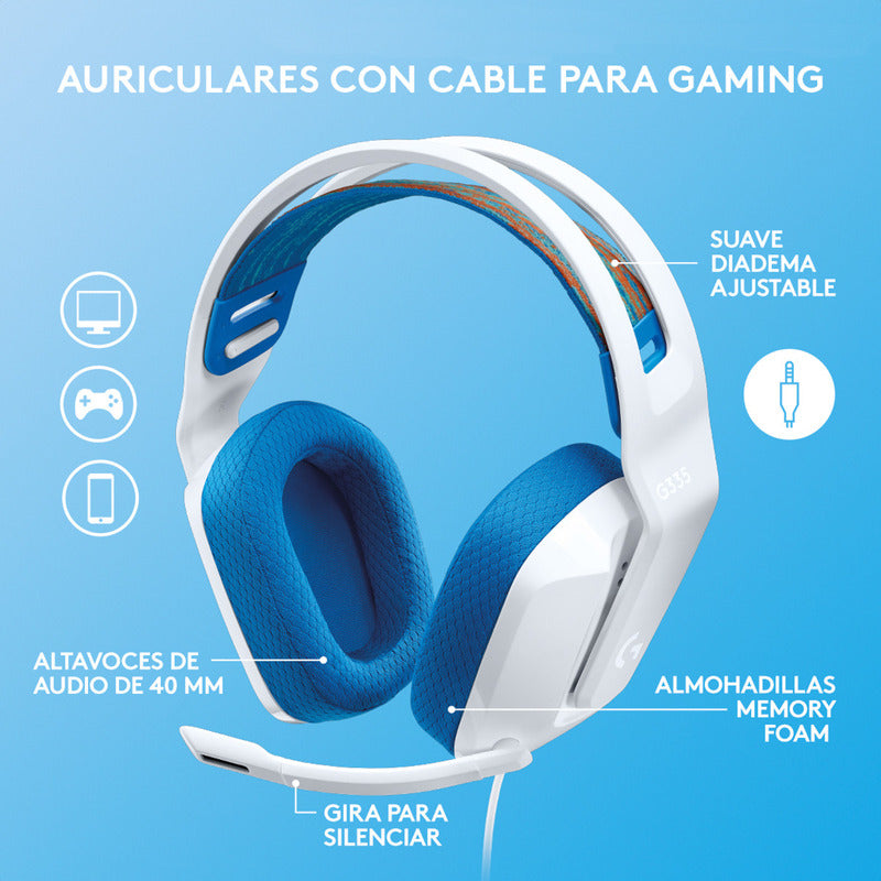 Auricular Gamer Logitech G335, Pc, Ps5, Xbox / Blanco Y Azul