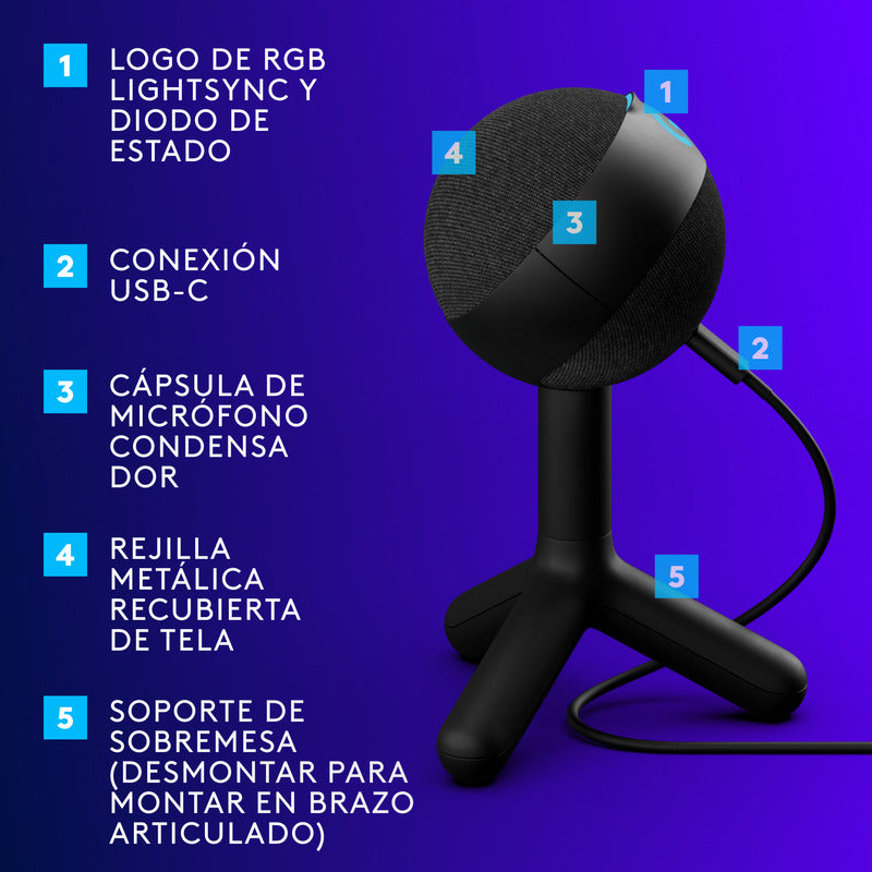 Micrófono Gamer Condensador Rgb Lightsync Logitech Yeti Orb