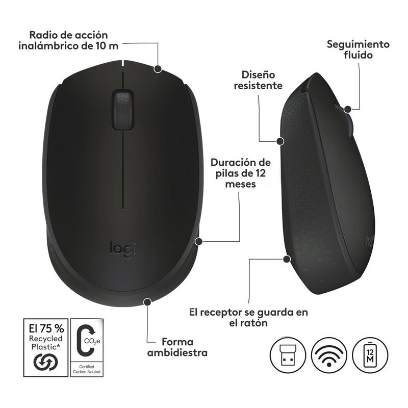 Mouse Inalámbrico Logitech M170, Portátil, Win Mac Negro