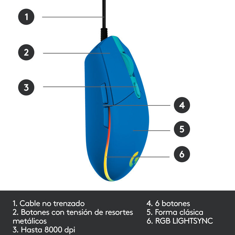Mouse Gamer Logitech G203 RGB LIGHTSYNC, 6 Botones 8.000 DPI, Azul