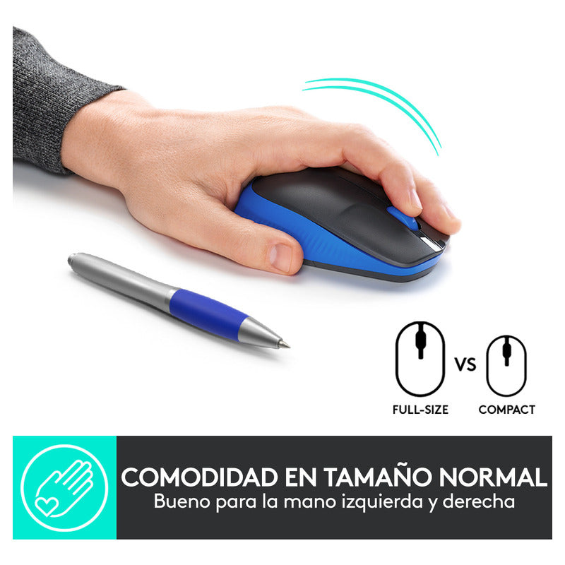 Mouse Inalámbrico Full-size Logitech M190, Negro / Azul