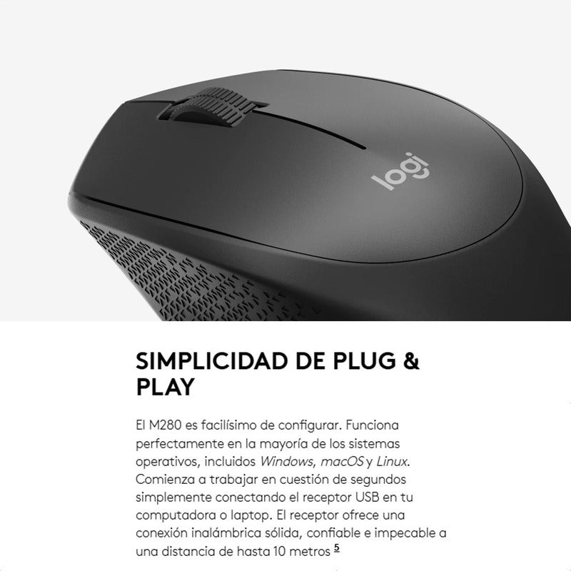 Mouse Inalámbrico Logitech M280 con Cómodo Diseño Curvo, Gris
