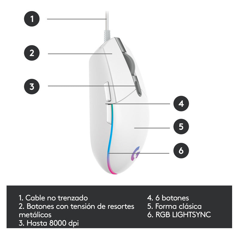 Mouse Gamer Logitech G203 RGB LIGHTSYNC, 6 Botones 8.000 DPI, Blanco
