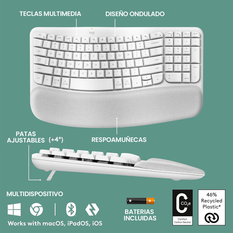 Teclado Ergonómico Inalámbrico Logitech Wave Keys, Blanco