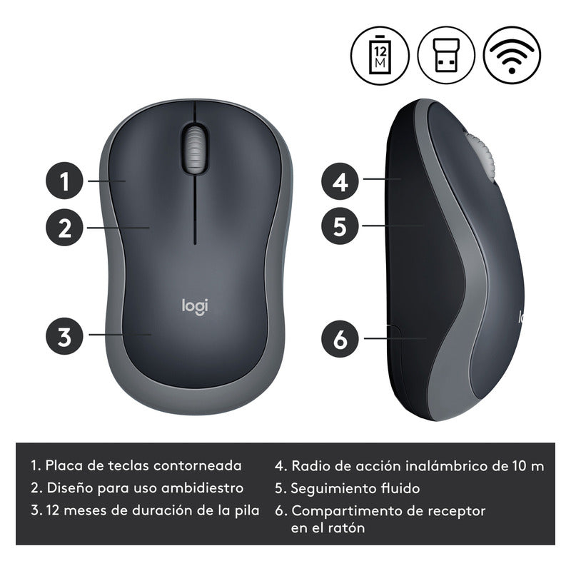 Mouse Inalámbrico Logitech M185, Win Mac Chrome Linux Gris