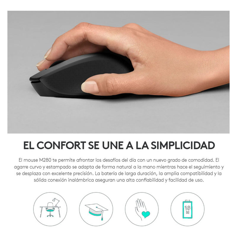 Mouse Inalámbrico Logitech M280 con Cómodo Diseño Curvo, Gris