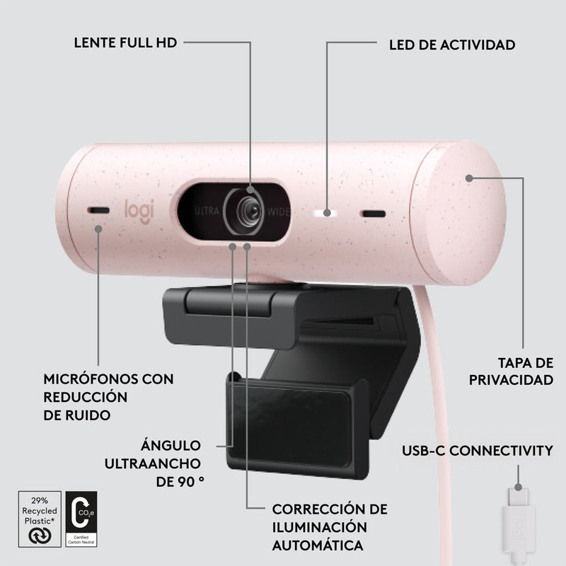 Webcam Full Hd 1080p, Rightlight 4, Logitech Brio 500 Rosado