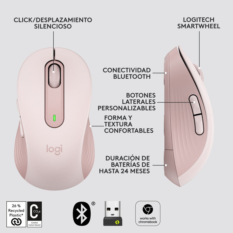 Mouse Inalámbrico Logitech Signature M650, Bluetooth Rosado