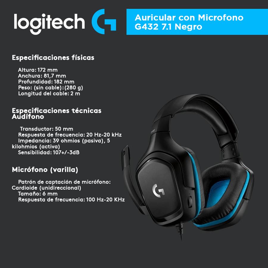 Auricular con Microfono Logitech G432 7.1 Negro