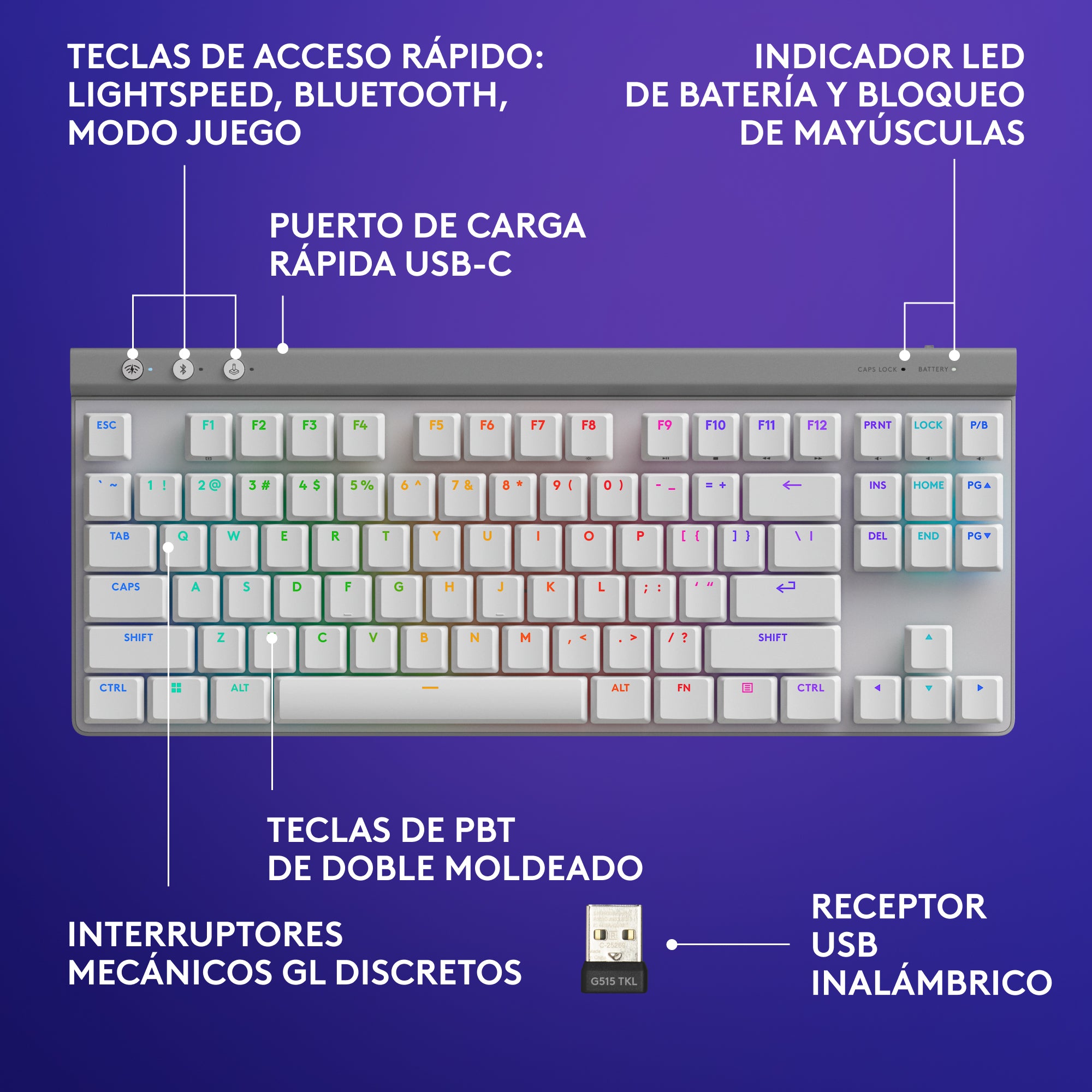 Teclado inalámbrico Logitech G515 LIGHTSPEED TKL para juegos Blanco