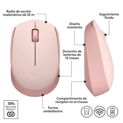Mouse Inalámbrico Logitech M170, Cómodo Y Portátil Rosa