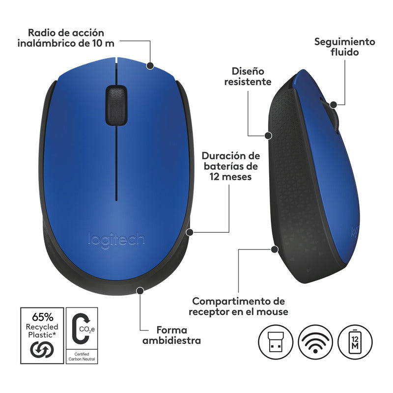 Mouse Inalámbrico Logitech M170, Cómodo Y Portátil, Azul