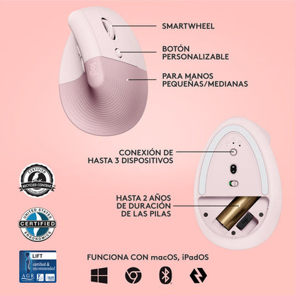 Mouse Ergonómico Logitech Lift Vertical Avanzado, Rosado