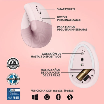 Combo Logitech Mouse Lift Ergo Rosa + Teclado K380 Rosa