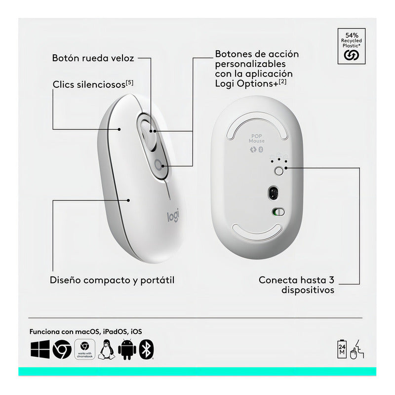 Combo Teclado Y Mouse Bluetooth, Logitech Pop Icon, Blanco