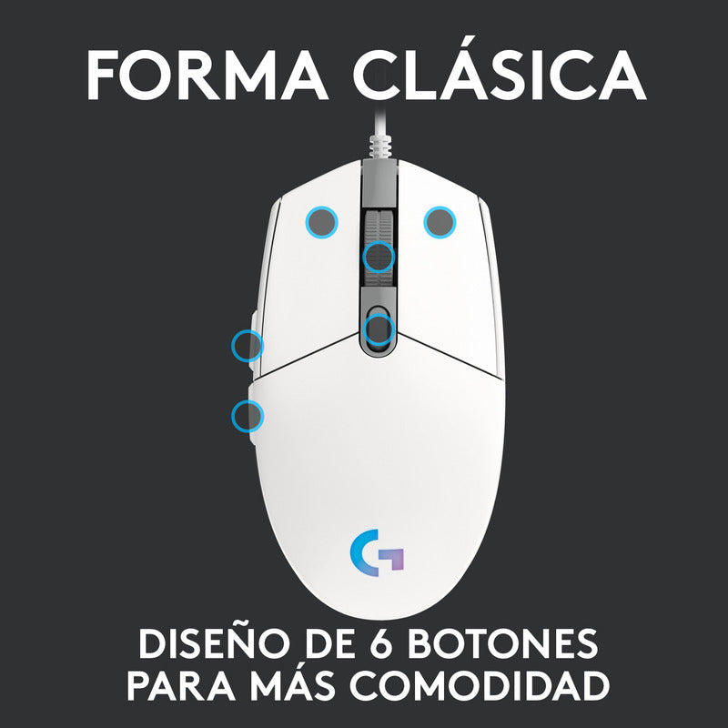 Mouse Gamer Logitech G203 RGB LIGHTSYNC, 6 Botones 8.000 DPI, Blanco