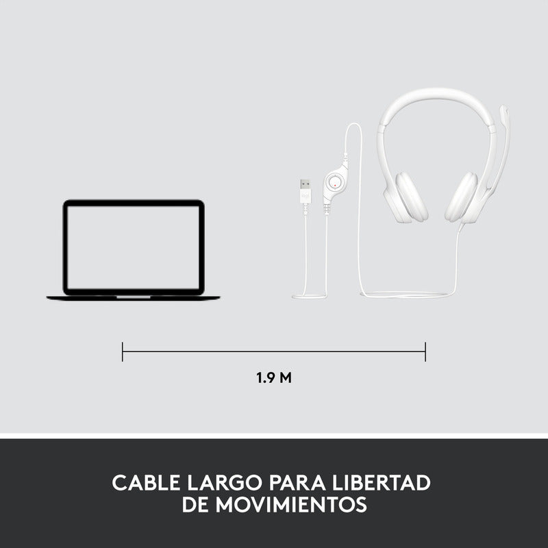 Auricular Usb Logitech H390, Mic Sin Ruido Y Controles, Blanco