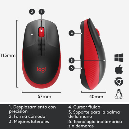 Mouse Inalámbrico Full-size Logitech M190, Negro / Rojo