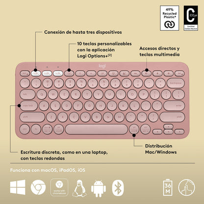 Combo Logitech Bluetooth: Teclado K380s + Mouse M196, Rosa