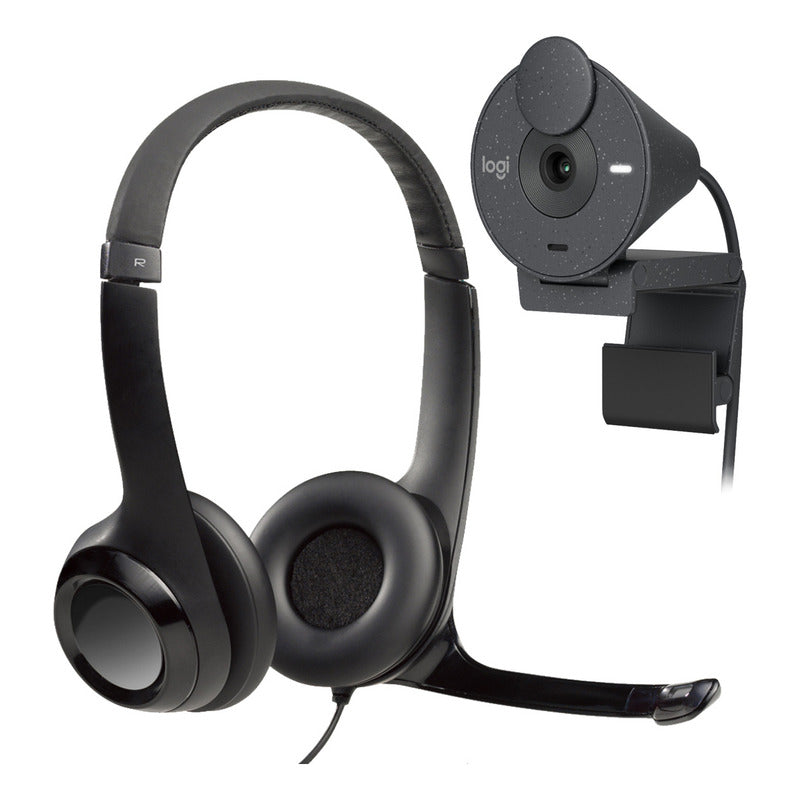 Combo Cámara Web Logitech Brio 300 + Auricular H390 Usb Negro