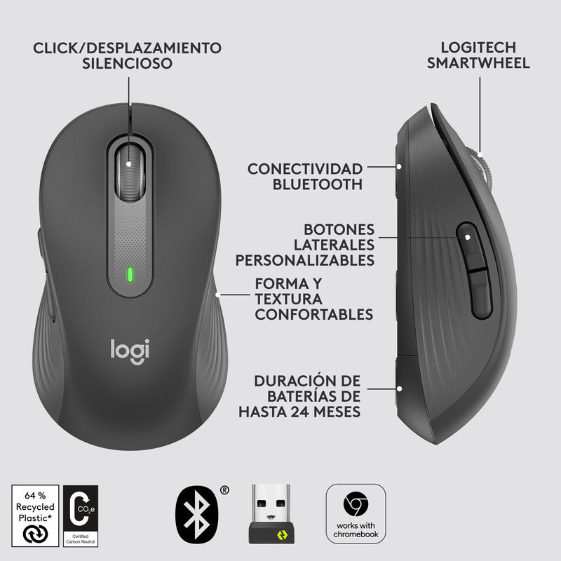 Mouse Inalámbrico Logitech Signature M650, Bluetooth Negro