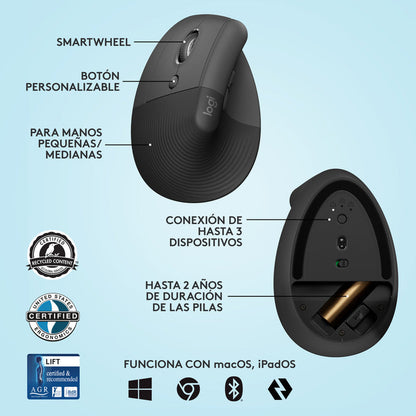 Mouse Ergonómico Logitech Lift Vertical Left  Avanzado Zurdo