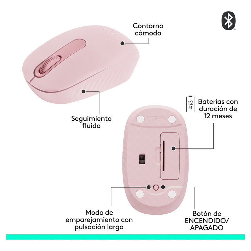 Mouse Inalámbrico Bluetooth Logitech M196, Cómodo Diseño Compacto, Rosa