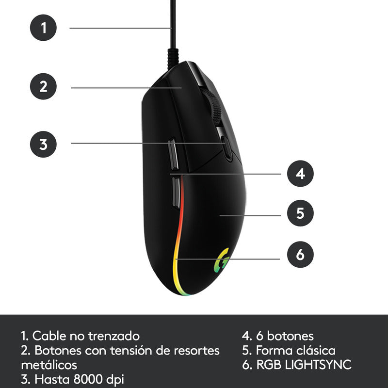 Mouse Gamer Logitech G203 RGB LIGHTSYNC, 6 Botones 8.000 DPI, Negro