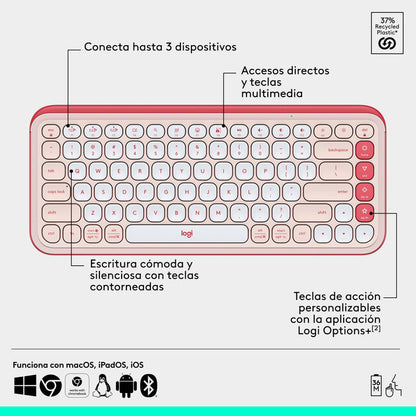 Combo Teclado Y Mouse Bluetooth, Logitech Pop Icon, Rosado