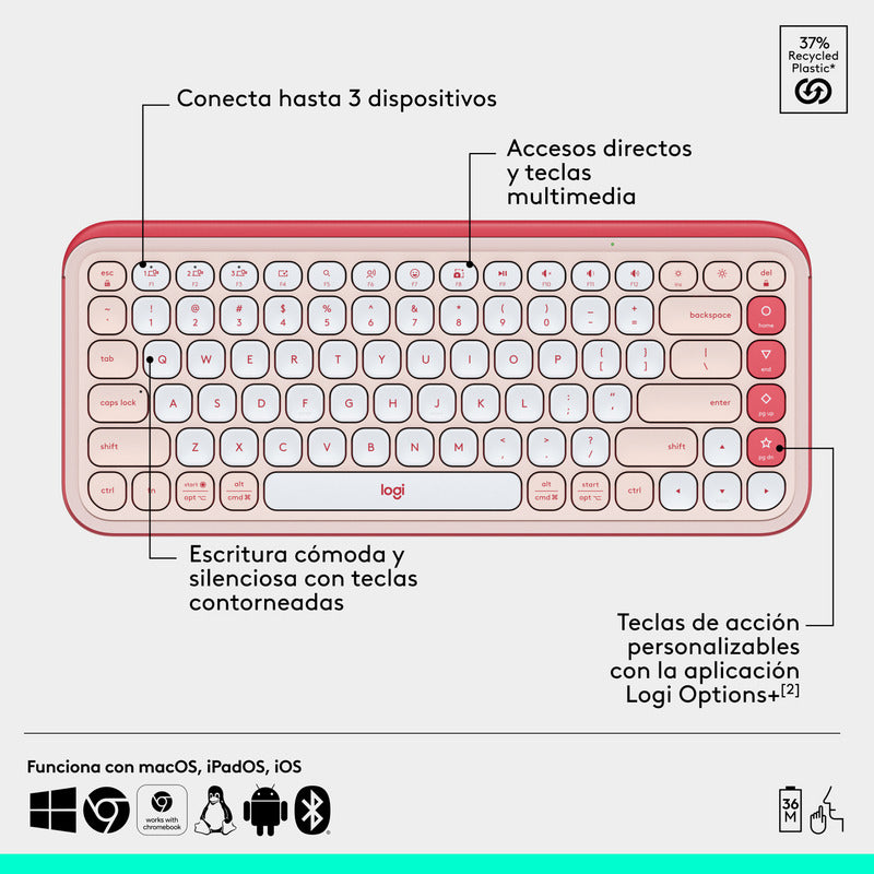 Combo Teclado Y Mouse Bluetooth, Logitech Pop Icon, Rosado