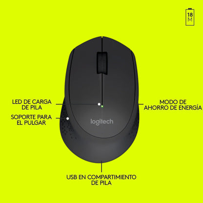 Mouse Inalámbrico Logitech M280 con Cómodo Diseño Curvo, Negro