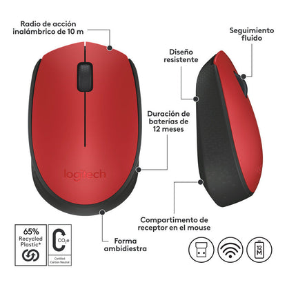 Mouse Inalámbrico Logitech M170, Cómodo Y Portátil, Rojo