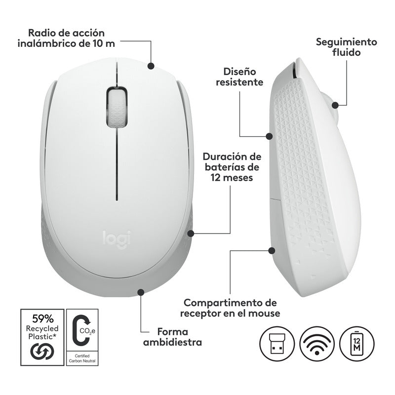Mouse Inalámbrico Logitech M170, Cómodo Y Portátil, Blanco