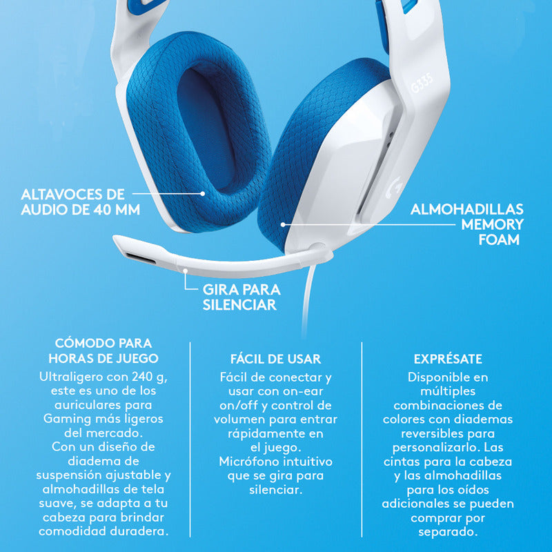 Auricular Gamer Logitech G335, Pc, Ps5, Xbox / Blanco Y Azul