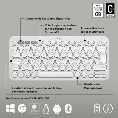 Combo Logitech Bluetooth: Teclado K380s + Mouse M196, Blanco