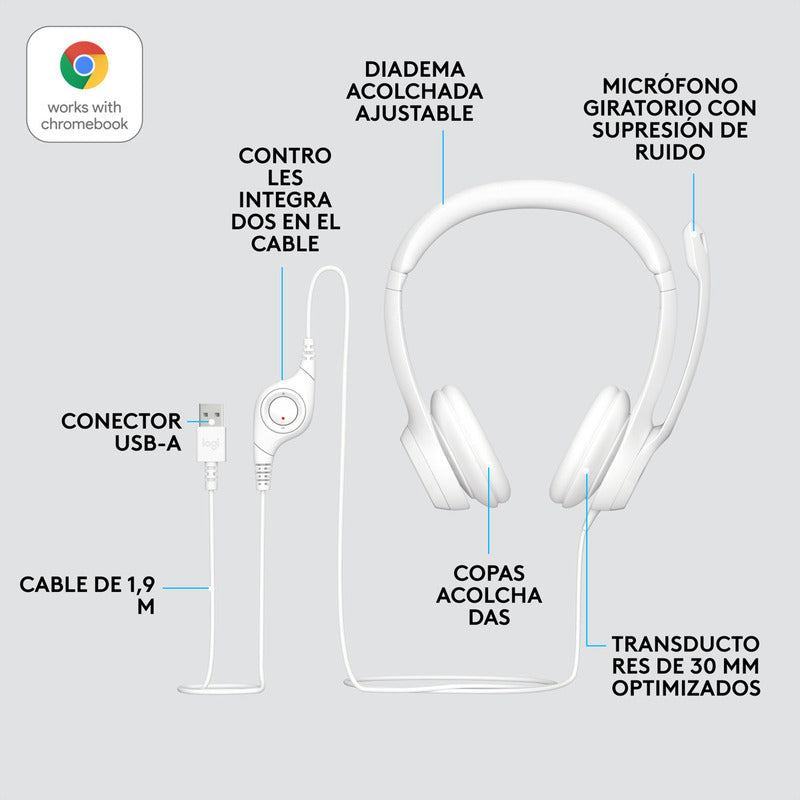 Combo Cámara Web Logitech Brio 300 + Auricular H390 Usb Blanco