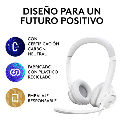 Auricular Usb Logitech H390, Mic Sin Ruido Y Controles, Blanco