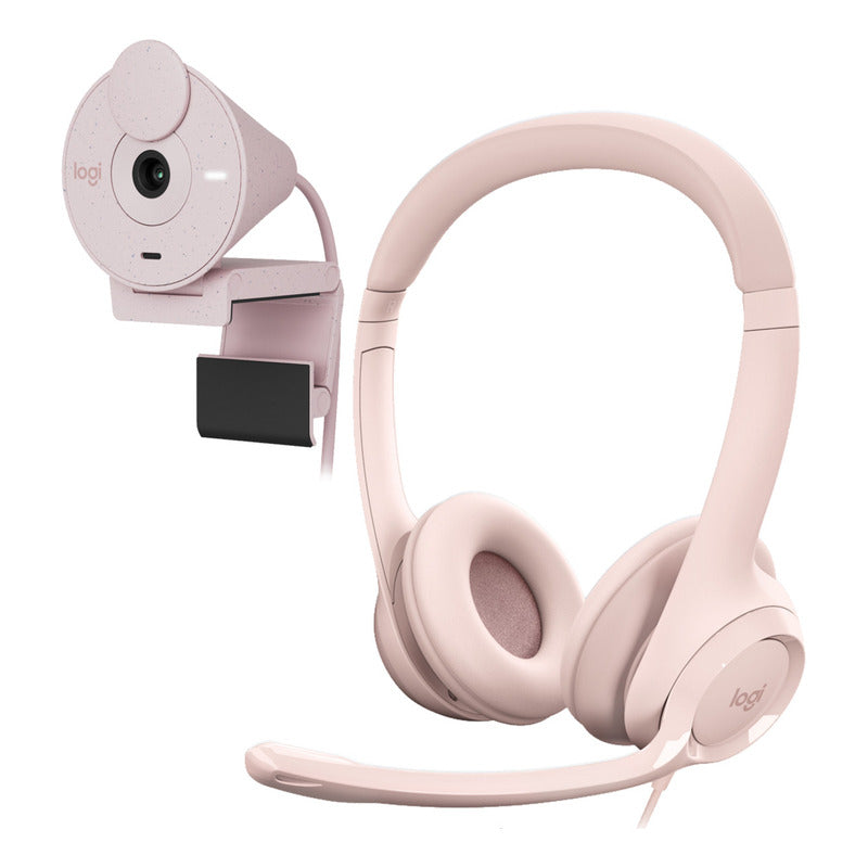 Combo Cámara Web Logitech Brio 300 + Auricular H390 Usb Rosa