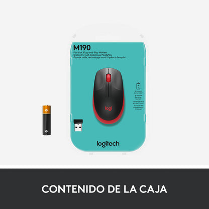 Mouse Inalámbrico Full-size Logitech M190, Negro / Rojo