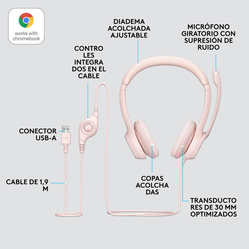Auricular Usb Logitech H390, Mic Sin Ruido Y Controles, Rosa