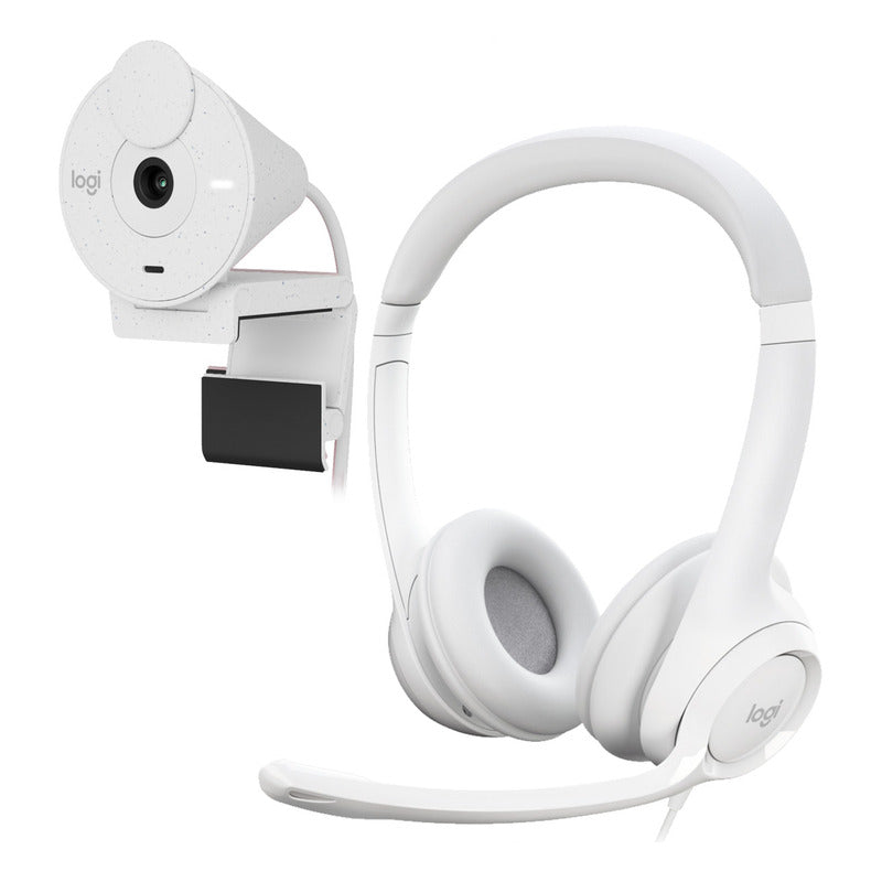 Combo Cámara Web Logitech Brio 300 + Auricular H390 Usb Blanco